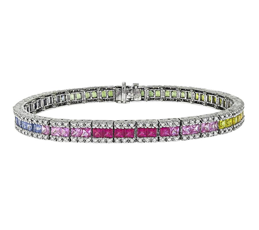 Estate 7.00ct Multi Color Sapphire 2.50ct Diamond 14k White Gold Bracelet