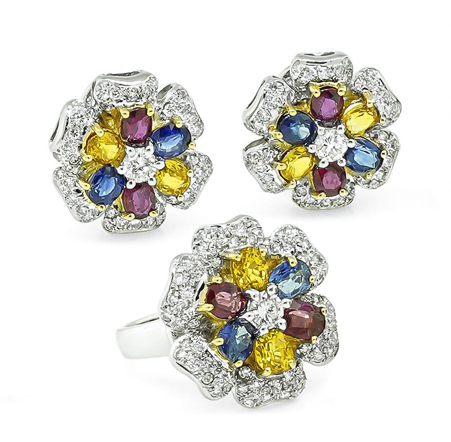 Estate 9.00ct Multi Color Sapphire 3.60ct Diamond Ring and Earrings Set