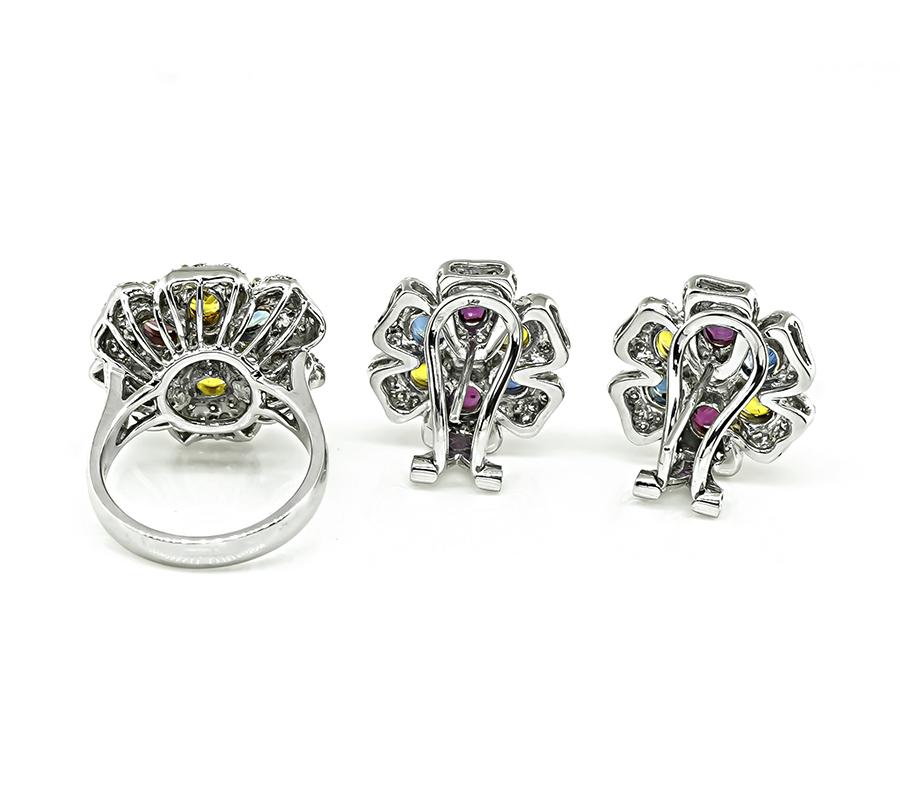 Estate 9.00ct Multi Color Sapphire 3.60ct Diamond Ring and Earrings Set