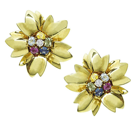 Estate 4.00ct Multi Color Sapphire Diamond Flower Earrings