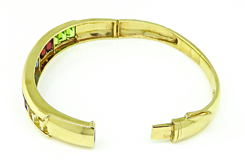 Estate 6.00ct Multi Color Semi Precious Gemstone Gold Bangle