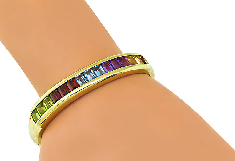 Estate 6.00ct Multi Color Semi Precious Gemstone Gold Bangle