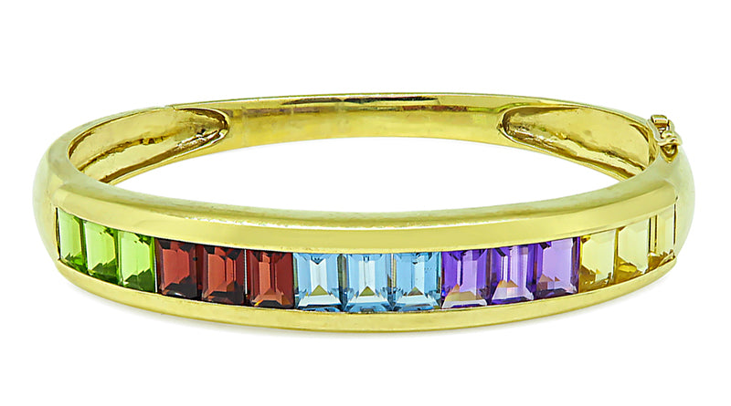 Estate 6.00ct Multi Color Semi Precious Gemstone Gold Bangle