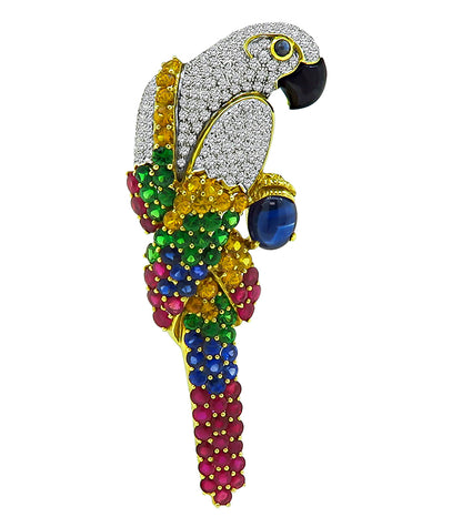 Vintage 3ct Diamond 5ct Sapphire Blue and Yellow Ruby Tsavorite Parrot Brooch