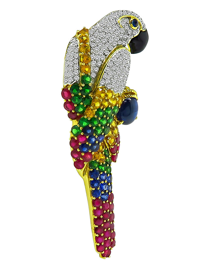 Vintage 3ct Diamond 5ct Sapphire Blue and Yellow Ruby Tsavorite Parrot Brooch