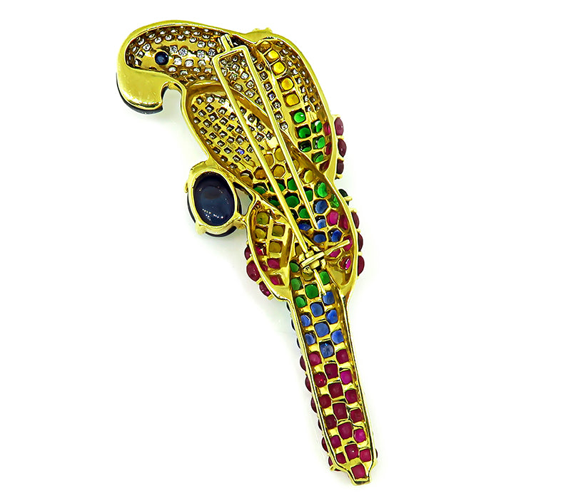 Vintage 3ct Diamond 5ct Sapphire Blue and Yellow Ruby Tsavorite Parrot Brooch
