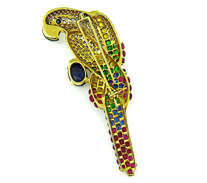 Vintage 3ct Diamond 5ct Sapphire Blue and Yellow Ruby Tsavorite Parrot Brooch