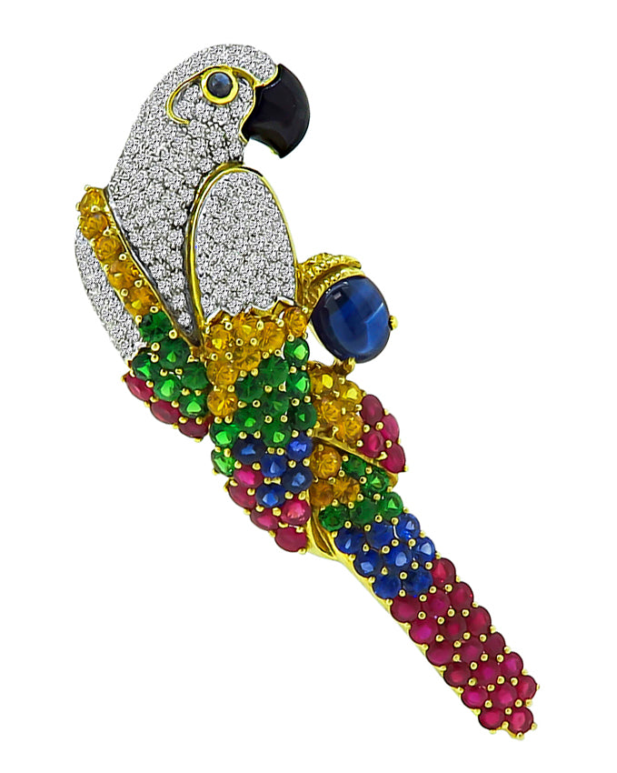 Vintage 3ct Diamond 5ct Sapphire Blue and Yellow Ruby Tsavorite Parrot Brooch