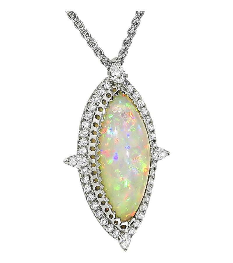 Estate Cabochon Opal 1.20ct Diamond 14k Gold Pendant Necklace
