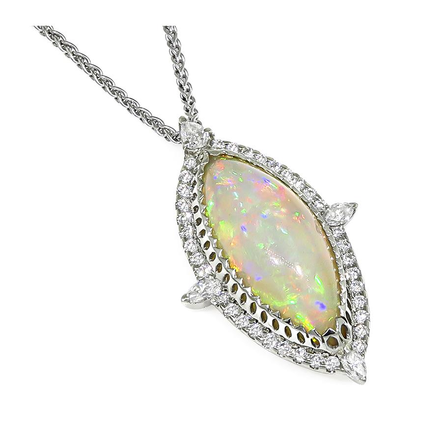 Estate Cabochon Opal 1.20ct Diamond 14k Gold Pendant Necklace