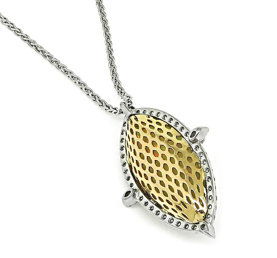 Estate Cabochon Opal 1.20ct Diamond 14k Gold Pendant Necklace