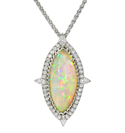 Estate Cabochon Opal 1.20ct Diamond 14k Gold Pendant Necklace