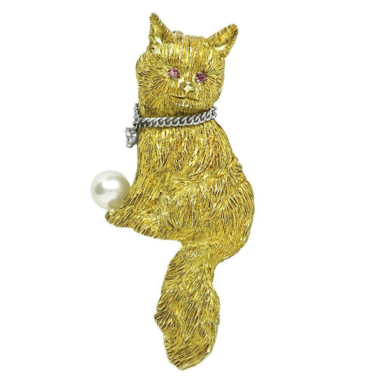 Estate Pearl Diamond Gold Cat Pin