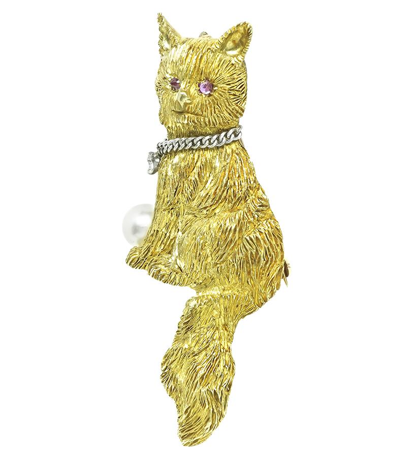 Estate Pearl Diamond Gold Cat Pin