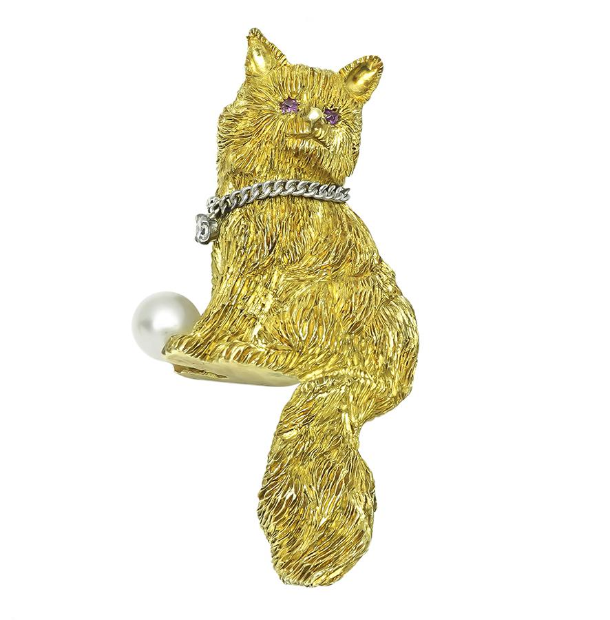 Estate Pearl Diamond Gold Cat Pin