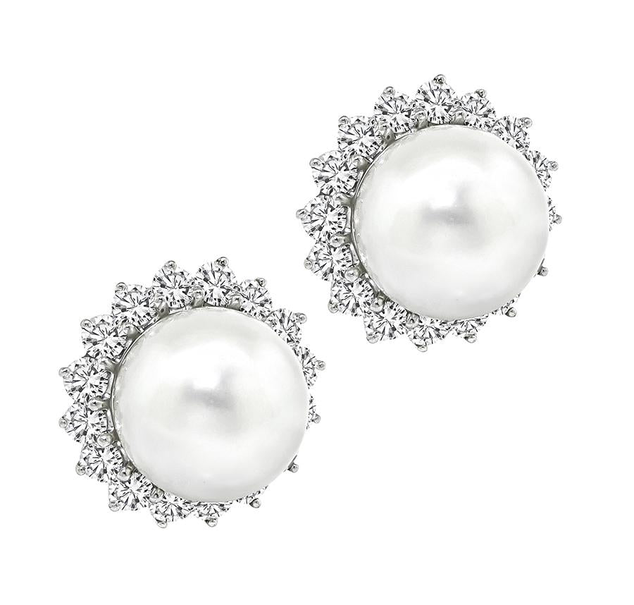 Estate 2.50ct Diamond Pearl 14k White Gold Earrings