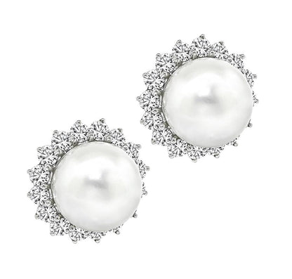 Estate 2.50ct Diamond Pearl 14k White Gold Earrings