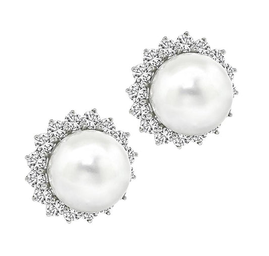 Estate 2.50ct Diamond Pearl 14k White Gold Earrings