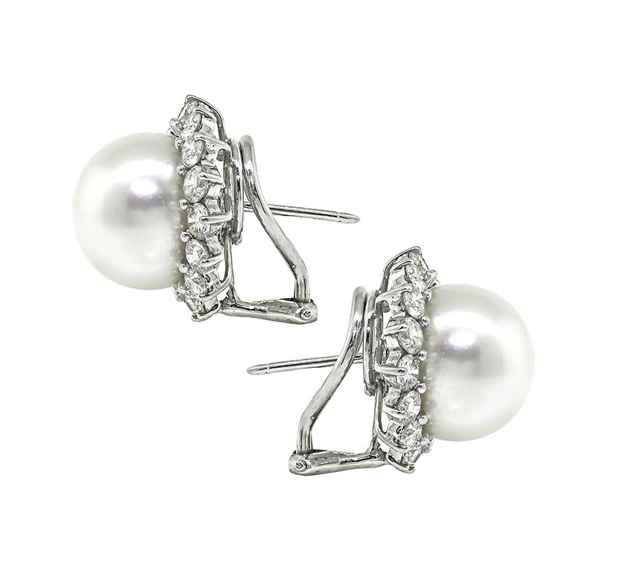 Estate 2.50ct Diamond Pearl 14k White Gold Earrings