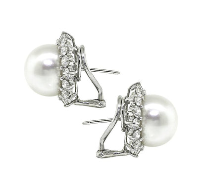 Estate 2.50ct Diamond Pearl 14k White Gold Earrings