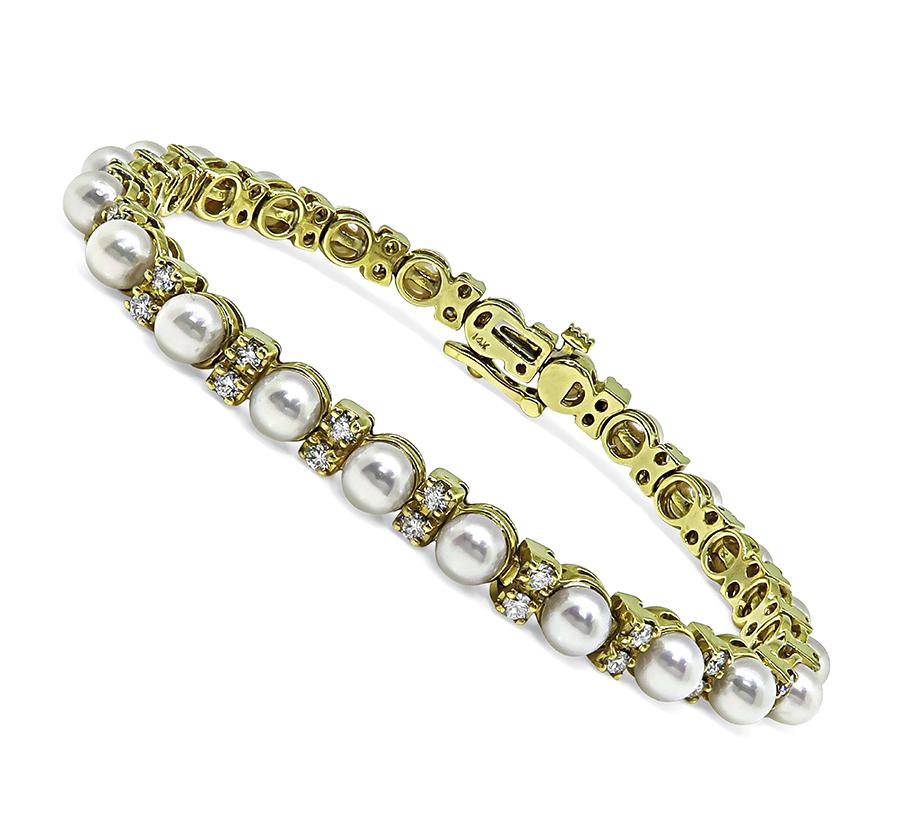 Estate Pearl 1.75ct Diamond 14k Yellow Gold Bracelet