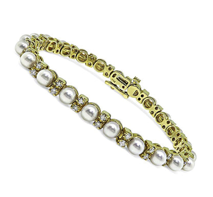 Estate Pearl 1.75ct Diamond 14k Yellow Gold Bracelet