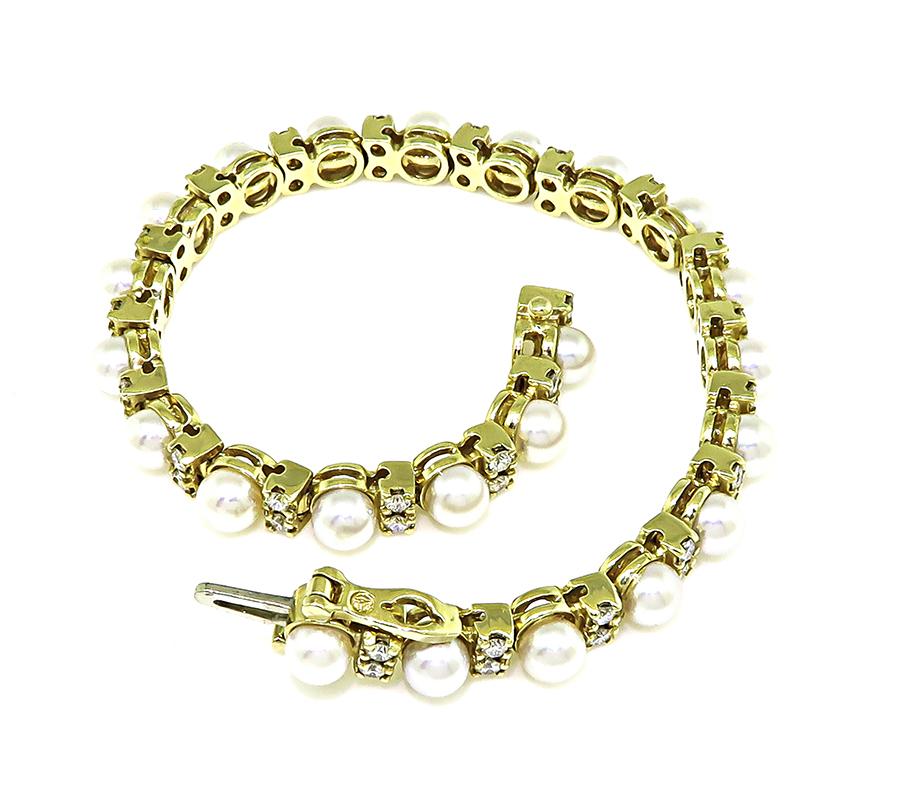 Estate Pearl 1.75ct Diamond 14k Yellow Gold Bracelet