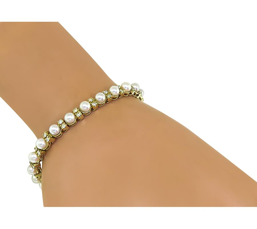Estate Pearl 1.75ct Diamond 14k Yellow Gold Bracelet