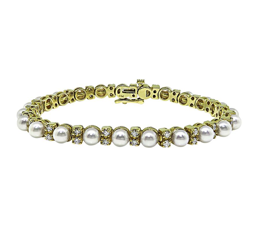 Estate Pearl 1.75ct Diamond 14k Yellow Gold Bracelet