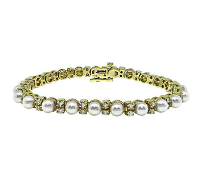 Estate Pearl 1.75ct Diamond 14k Yellow Gold Bracelet