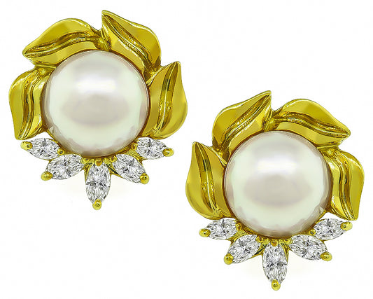 Estate 2.50ct Mabe Pearl Diamond Gold Earrings