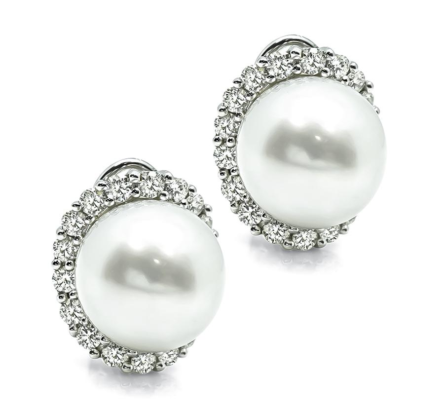 Estate 1.80ct Diamond Pearl 18k White Gold Earrings