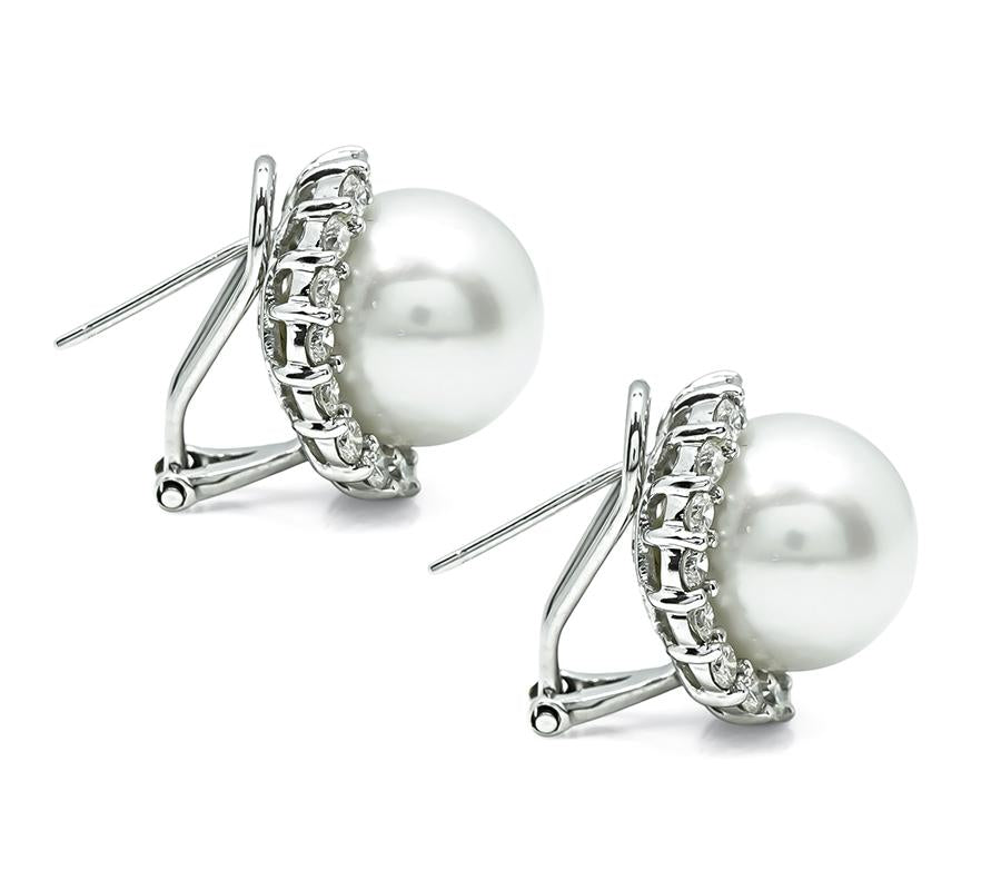 Estate 1.80ct Diamond Pearl 18k White Gold Earrings