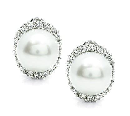 Estate 1.80ct Diamond Pearl 18k White Gold Earrings
