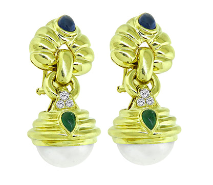 Estate 2.00ct Sapphire 0.50ct Emerald 0.20ct Diamond Pearl Earrings