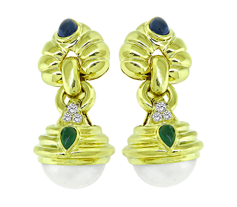 Estate 2.00ct Sapphire 0.50ct Emerald 0.20ct Diamond Pearl Earrings