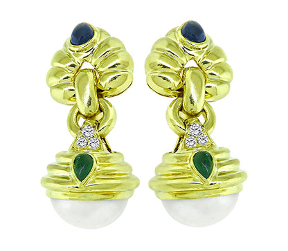 Estate 2.00ct Sapphire 0.50ct Emerald 0.20ct Diamond Pearl Earrings