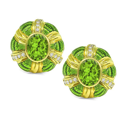 Estate 10.00ct Peridot 0.70ct Diamond Enamel 18k Yellow Gold Earrings