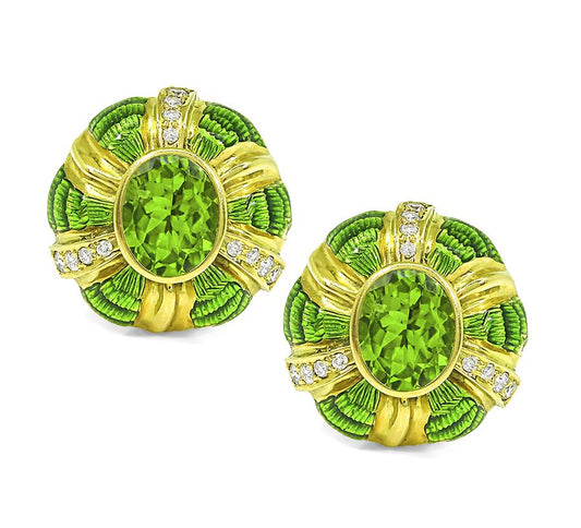 Estate 10.00ct Peridot 0.70ct Diamond Enamel 18k Yellow Gold Earrings