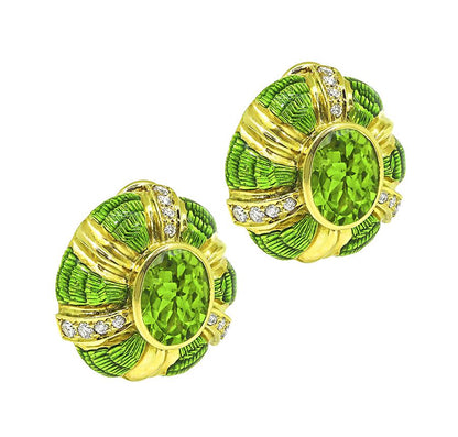 Estate 10.00ct Peridot 0.70ct Diamond Enamel 18k Yellow Gold Earrings