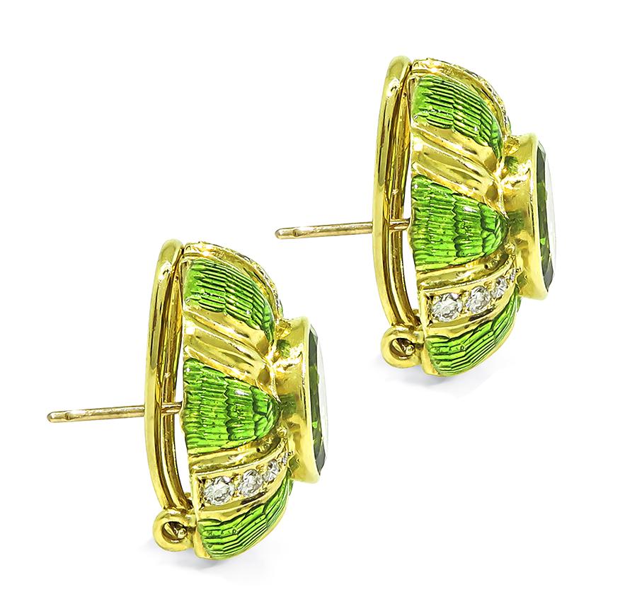 Estate 10.00ct Peridot 0.70ct Diamond Enamel 18k Yellow Gold Earrings