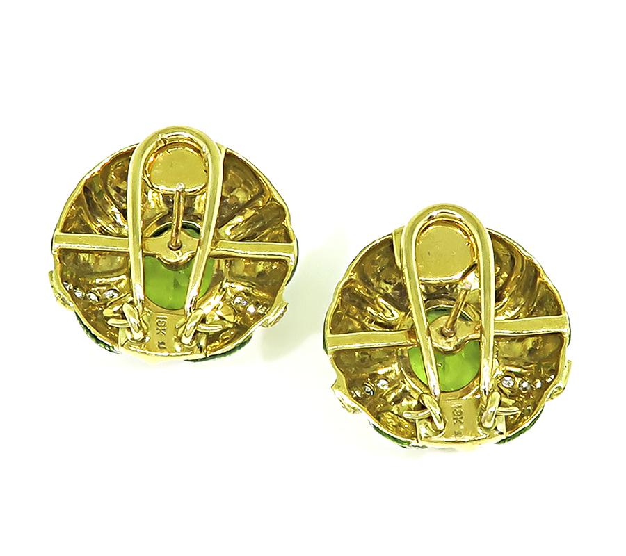 Estate 10.00ct Peridot 0.70ct Diamond Enamel 18k Yellow Gold Earrings