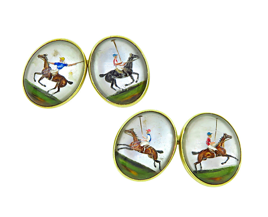 Vintage Polo Theme Intaglio Gold Cufflinks