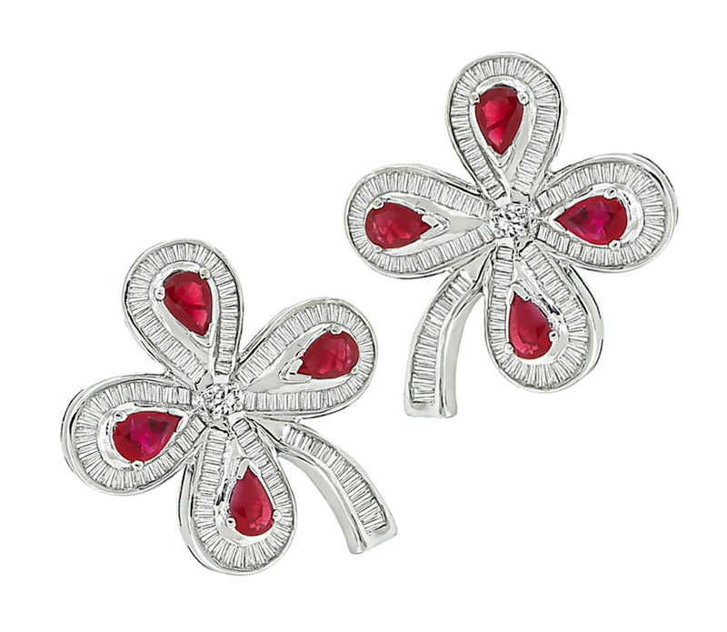 Estate 4.00ct Ruby 4.50ct Diamond Flower Earrings