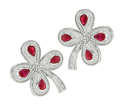 Estate 4.00ct Ruby 4.50ct Diamond Flower Earrings