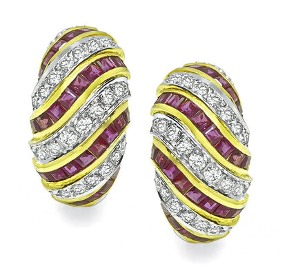 Estate 1.80ct Diamond 1.70ct Ruby 18k Gold Earrings