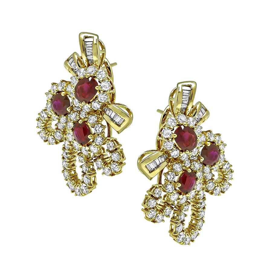 Estate AGL Certified 6.00ct Ruby 5.00ct Diamond 18k Yellow Gold Earrings