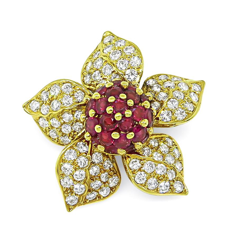 Estate 3.25ct Ruby 2.27ct Diamond 18k Yellow Gold Flower Pin / Pendant