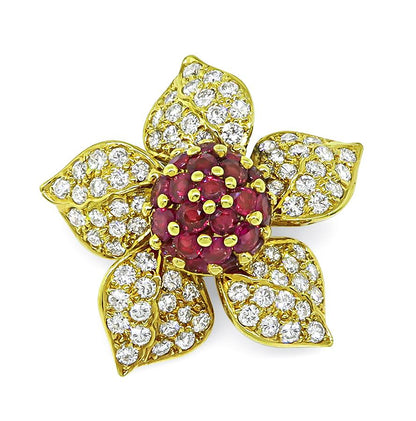 Estate 3.25ct Ruby 2.27ct Diamond 18k Yellow Gold Flower Pin / Pendant