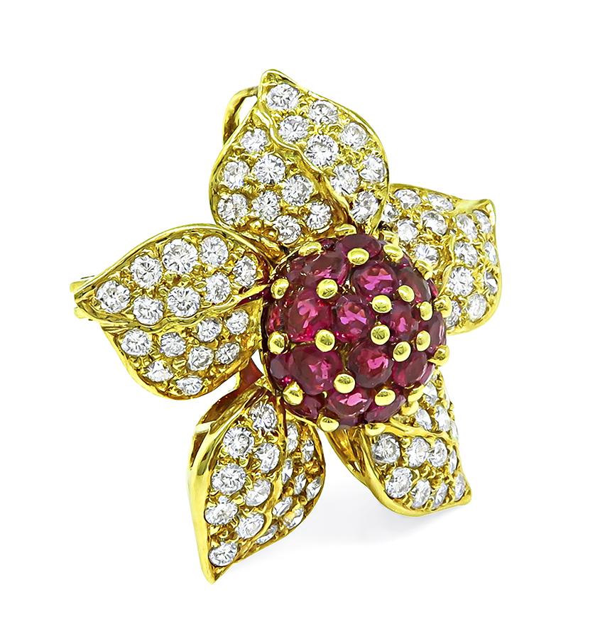Estate 3.25ct Ruby 2.27ct Diamond 18k Yellow Gold Flower Pin / Pendant